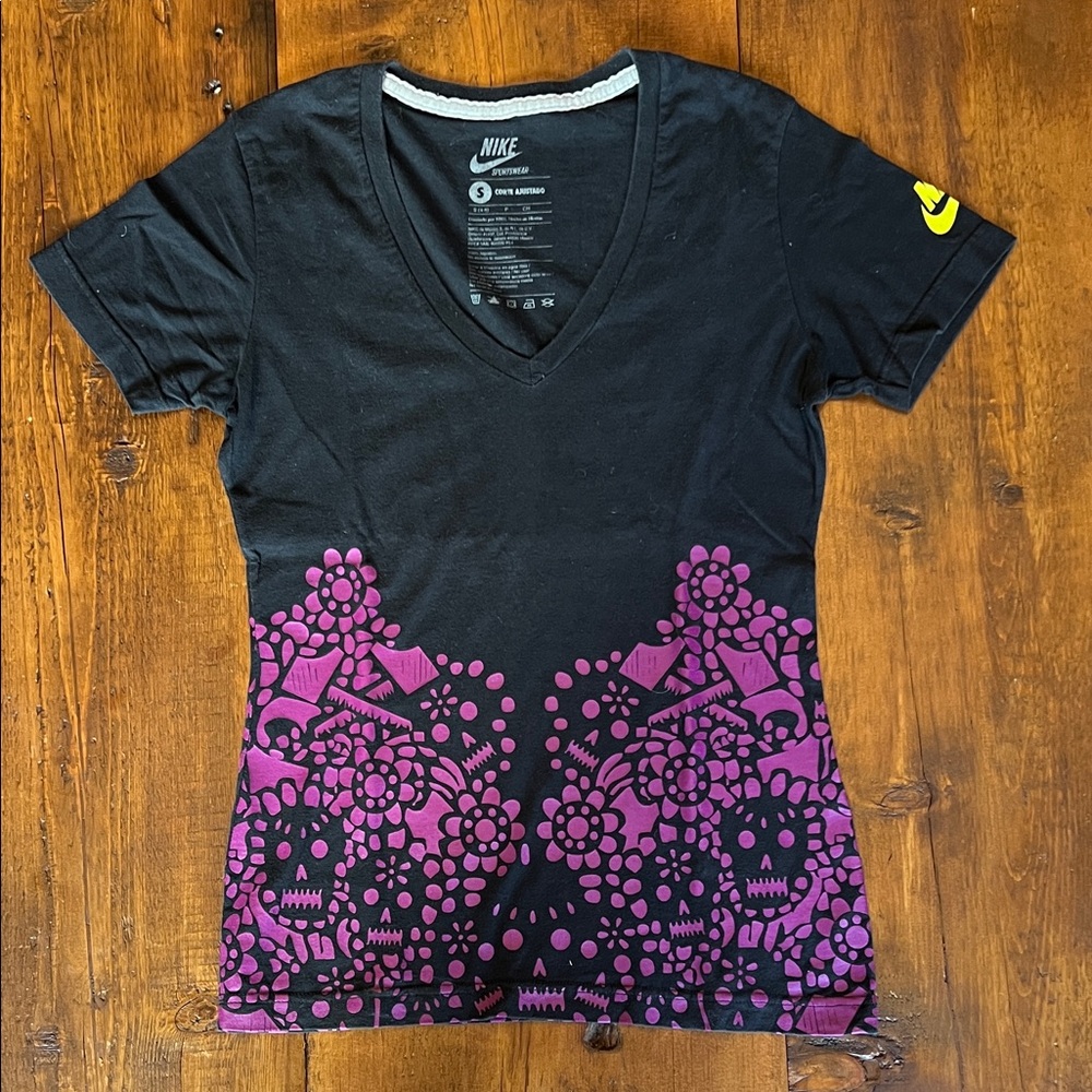 Nike Black Short-Sleeve V-Neck Tee with Purple Floral Skull Design